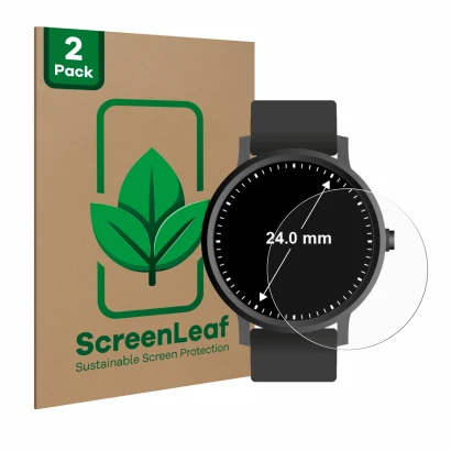 Face avant d’un emballage produit avec le logo de la marque ScreenLeaf. À côté, l’appareil Montres (Circulaire, ø: 24 mm) est 