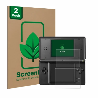 Face avant d’un emballage produit avec le logo de la marque ScreenLeaf. À côté, l’appareil Nintendo DS LITE est représenté ave