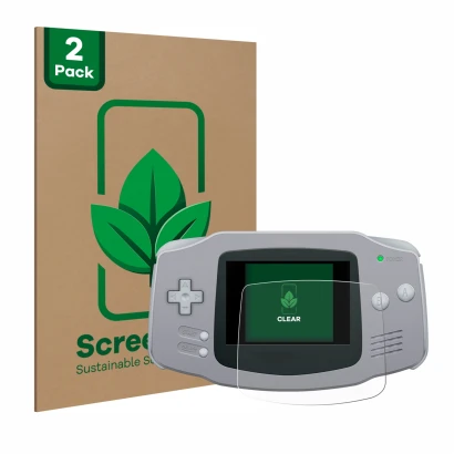 Face avant d’un emballage produit avec le logo de la marque ScreenLeaf. À côté, l’appareil Nintendo Gameboy Advance GBA est re