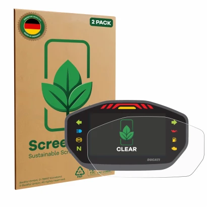 Face avant d’un emballage produit avec le logo de la marque ScreenLeaf. À côté, l’appareil Ducati Monster 1200 Colour-TFT-Disp