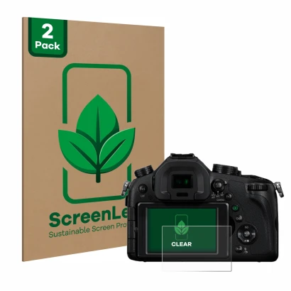 Face avant d’un emballage produit avec le logo de la marque ScreenLeaf. À côté, l’appareil Panasonic Lumix DMC-FZ1000 est repr