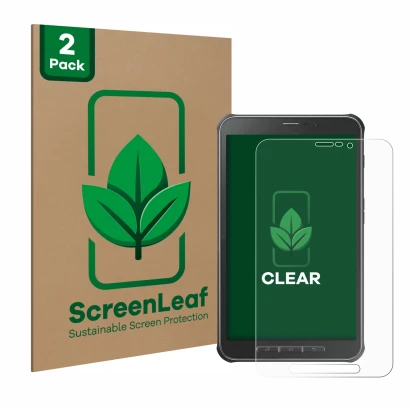 Face avant d’un emballage produit avec le logo de la marque ScreenLeaf. À côté, l’appareil Samsung Galaxy Tab Active SM-T365 e