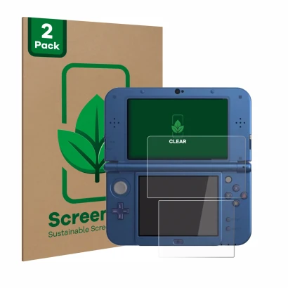 Face avant d’un emballage produit avec le logo de la marque ScreenLeaf. À côté, l’appareil Nintendo New 3DS XL est représenté 