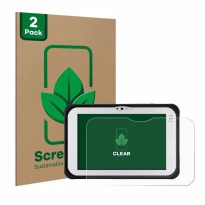 Face avant d’un emballage produit avec le logo de la marque ScreenLeaf. À côté, l’appareil Panasonic Toughpad FZ-M1 est représ