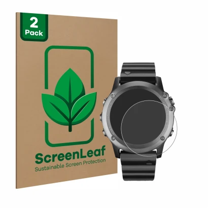 Face avant d’un emballage produit avec le logo de la marque ScreenLeaf. À côté, l’appareil Garmin Fenix 3 est représenté avec 