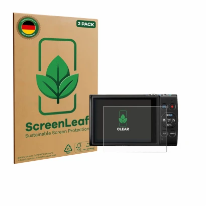 Face avant d’un emballage produit avec le logo de la marque ScreenLeaf. À côté, l’appareil Canon Digital Ixus 285 hs est repré