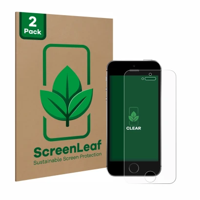 Face avant d’un emballage produit avec le logo de la marque ScreenLeaf. À côté, l’appareil Apple iPhone SE 2016 est représenté