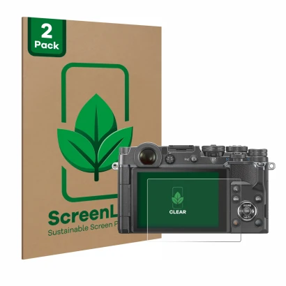 Face avant d’un emballage produit avec le logo de la marque ScreenLeaf. À côté, l’appareil Olympus PEN-F est représenté avec l