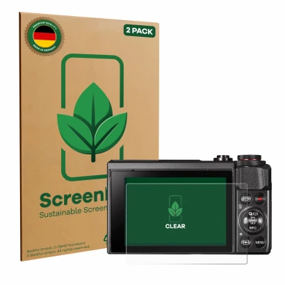 Face avant d’un emballage produit avec le logo de la marque ScreenLeaf. À côté, l’appareil Canon PowerShot G7 X Mark II est re