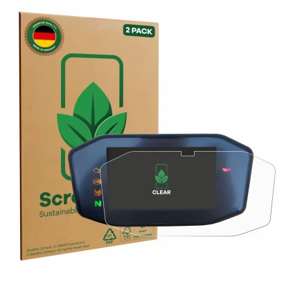 Face avant d’un emballage produit avec le logo de la marque ScreenLeaf. À côté, l’appareil KTM 690 Duke 2016 est représenté av