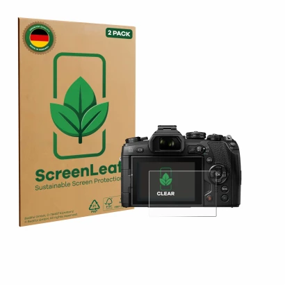 Face avant d’un emballage produit avec le logo de la marque ScreenLeaf. À côté, l’appareil Olympus OM-D E-M1 Mark II est repré