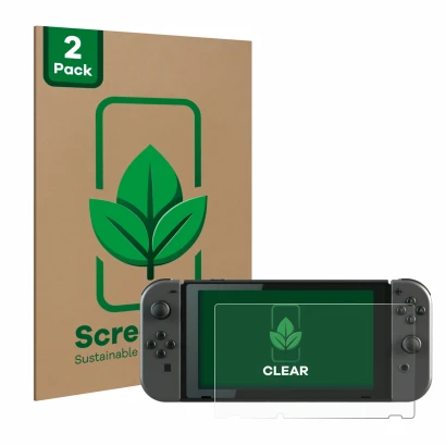 Face avant d’un emballage produit avec le logo de la marque ScreenLeaf. À côté, l’appareil Nintendo Switch est représenté avec