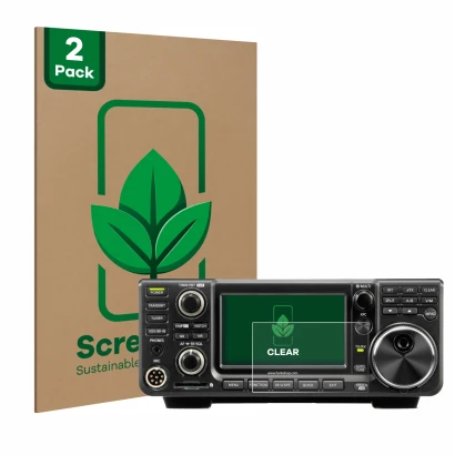 Face avant d’un emballage produit avec le logo de la marque ScreenLeaf. À côté, l’appareil Icom IC-7300 est représenté avec la
