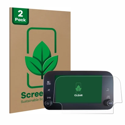 Face avant d’un emballage produit avec le logo de la marque ScreenLeaf. À côté, l’appareil Fiat Tipo 2016-2019 Uconnet 7" est 