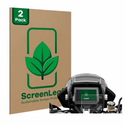 Face avant d’un emballage produit avec le logo de la marque ScreenLeaf. À côté, l’appareil KTM 1290 Super Adventure S 2017 Aff