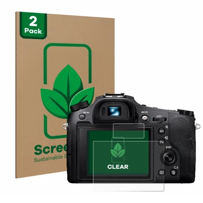 Face avant d’un emballage produit avec le logo de la marque ScreenLeaf. À côté, l’appareil Sony Cyber-Shot DSC-RX10 IV est rep