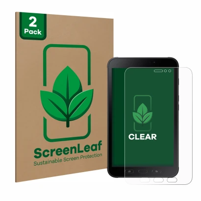 Face avant d’un emballage produit avec le logo de la marque ScreenLeaf. À côté, l’appareil Samsung Galaxy Tab Active 2 est rep