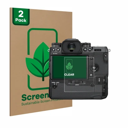 Face avant d’un emballage produit avec le logo de la marque ScreenLeaf. À côté, l’appareil Fujifilm X-H1 est représenté avec l
