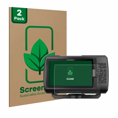 Face avant d’un emballage produit avec le logo de la marque ScreenLeaf. À côté, l’appareil Garmin Striker Plus 5cv est représe