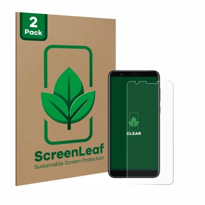 Face avant d’un emballage produit avec le logo de la marque ScreenLeaf. À côté, l’appareil Huawei P smart 2018 est représenté 