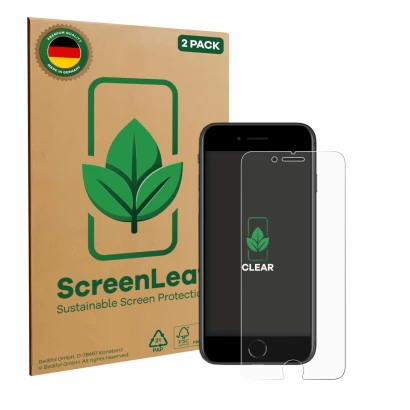 Face avant d’un emballage produit avec le logo de la marque ScreenLeaf. À côté, l’appareil Apple iPhone SE 2 2020 est représen