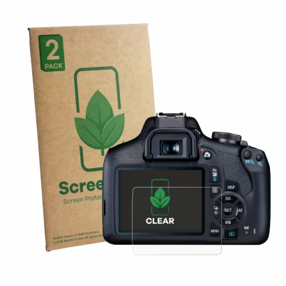 Face avant d’un emballage produit avec le logo de la marque ScreenLeaf. À côté, l’appareil Canon EOS 2000D est représenté avec