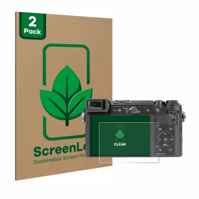Face avant d’un emballage produit avec le logo de la marque ScreenLeaf. À côté, l’appareil Panasonic Lumix DC-GX9 est représen