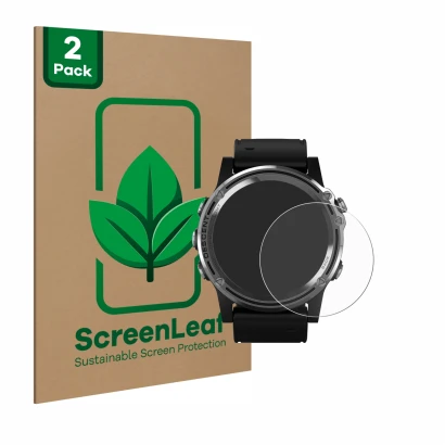 Face avant d’un emballage produit avec le logo de la marque ScreenLeaf. À côté, l’appareil Garmin Descent Mk1 est représenté a