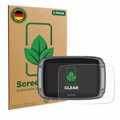 Face avant d’un emballage produit avec le logo de la marque ScreenLeaf. À côté, l’appareil TomTom Rider 500 est représenté ave