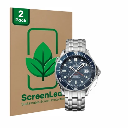Face avant d’un emballage produit avec le logo de la marque ScreenLeaf. À côté, l’appareil Omega Seamaster Diver (41 mm) est r