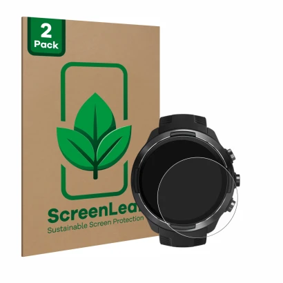 Face avant d’un emballage produit avec le logo de la marque ScreenLeaf. À côté, l’appareil Suunto 9 est représenté avec la pro