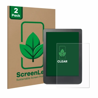 Face avant d’un emballage produit avec le logo de la marque ScreenLeaf. À côté, l’appareil Kobo Clara HD (6") est représenté a