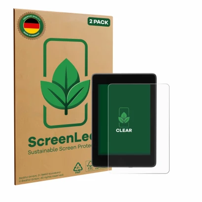 Face avant d’un emballage produit avec le logo de la marque ScreenLeaf. À côté, l’appareil Amazon Kindle Paperwhite 2018 (10èm