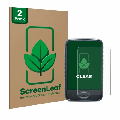 Face avant d’un emballage produit avec le logo de la marque ScreenLeaf. À côté, l’appareil Dexcom G6 Receiver CGM est représen