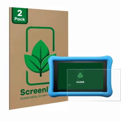 Face avant d’un emballage produit avec le logo de la marque ScreenLeaf. À côté, l’appareil Amazon Fire HD 8 Kids Edition 2018 