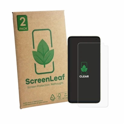 Face avant d’un emballage produit avec le logo de la marque ScreenLeaf. À côté, l’appareil Samsung Galaxy S10e est représenté 