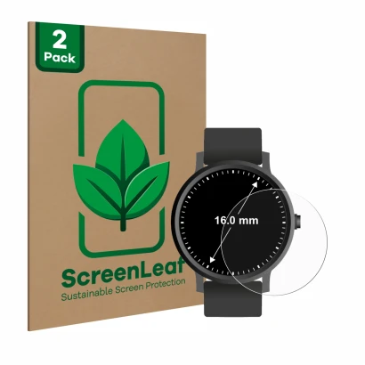 Face avant d’un emballage produit avec le logo de la marque ScreenLeaf. À côté, l’appareil Circulaire Displays (ø: 16 mm) est 