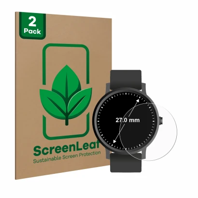 Face avant d’un emballage produit avec le logo de la marque ScreenLeaf. À côté, l’appareil Circulaire Displays (ø: 27 mm) est 