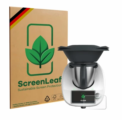 Face avant d’un emballage produit avec le logo de la marque ScreenLeaf. À côté, l’appareil Vorwerk Thermomix TM6 est représent