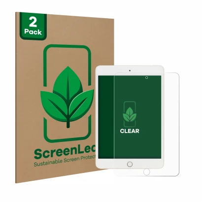 Face avant d’un emballage produit avec le logo de la marque ScreenLeaf. À côté, l’appareil Apple iPad Mini 5 2019 (5ème Gen.) 