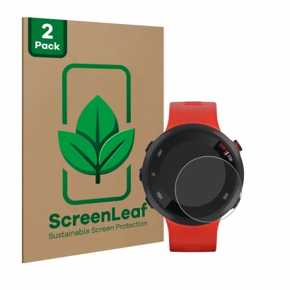 Face avant d’un emballage produit avec le logo de la marque ScreenLeaf. À côté, l’appareil Garmin Forerunner 45 est représenté