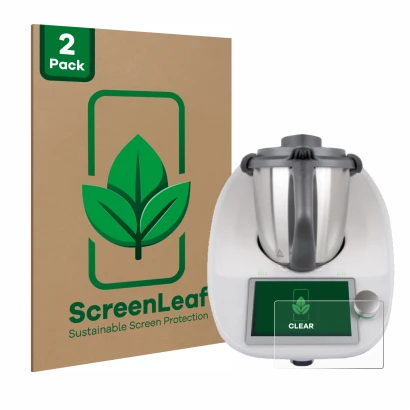 Face avant d’un emballage produit avec le logo de la marque ScreenLeaf. À côté, l’appareil Vorwerk Bimby TM6 est représenté av