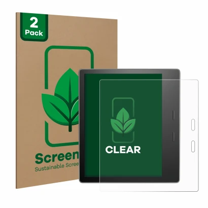 Face avant d’un emballage produit avec le logo de la marque ScreenLeaf. À côté, l’appareil Amazon Kindle Oasis 2019 (10ème Gen