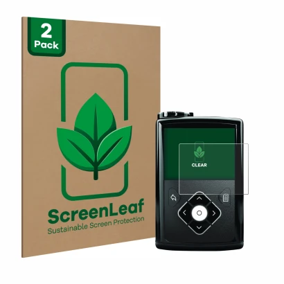 Face avant d’un emballage produit avec le logo de la marque ScreenLeaf. À côté, l’appareil Medtronic Minimed 640G est représen