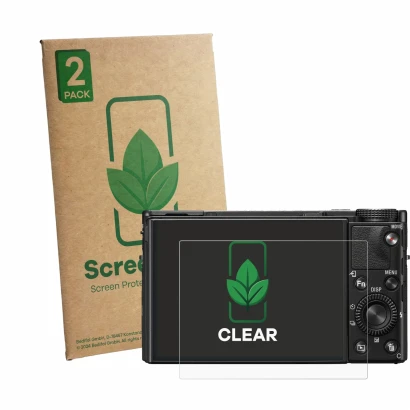 Face avant d’un emballage produit avec le logo de la marque ScreenLeaf. À côté, l’appareil Sony Cyber-Shot DSC-RX100 VII est r