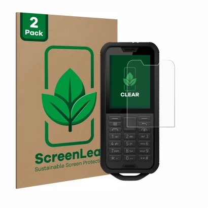 Face avant d’un emballage produit avec le logo de la marque ScreenLeaf. À côté, l’appareil Nokia 800 Tough est représenté avec