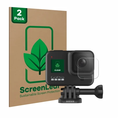 Face avant d’un emballage produit avec le logo de la marque ScreenLeaf. À côté, l’appareil GoPro Hero 8 Black (Lentille) est r