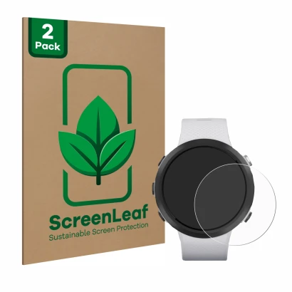 Face avant d’un emballage produit avec le logo de la marque ScreenLeaf. À côté, l’appareil Garmin Swim 2 est représenté avec l