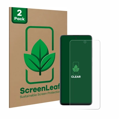 Face avant d’un emballage produit avec le logo de la marque ScreenLeaf. À côté, l’appareil Samsung Galaxy A51 est représenté a