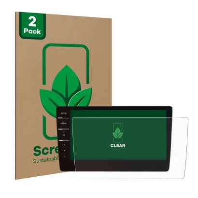 Face avant d’un emballage produit avec le logo de la marque ScreenLeaf. À côté, l’appareil Volkswagen Tiguan Allspace 2019 Dis